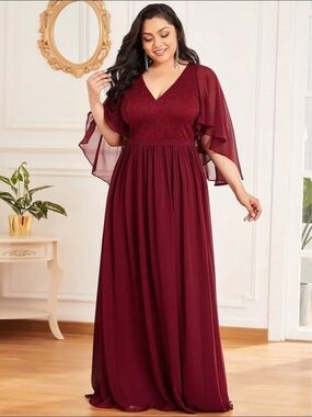 Ever Pretty Plus-Size V-Neck Burgundy Maxi Dress with Flutter Sleeves